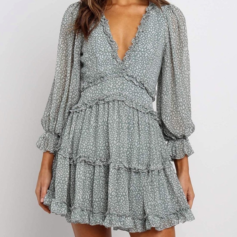 Green print ruffle dress